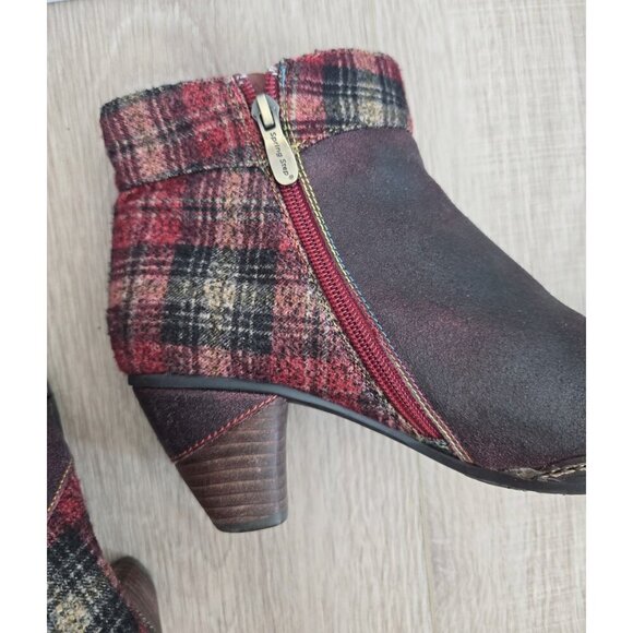 L'artiste Spring Step Scottala Burgundy Red Leather Zip Plaid Ankle Boots 39 8.5 - Picture 6 of 14